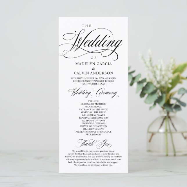Classic Elegance Black Script, Wedding Ceremony Pr Programme (Standing Front)