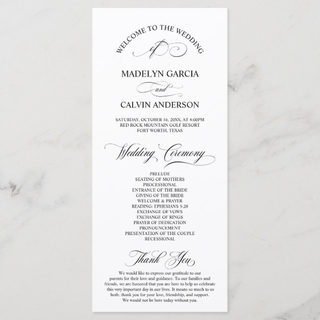 Classic Elegance Black Script, Wedding Ceremony Programme (Front)