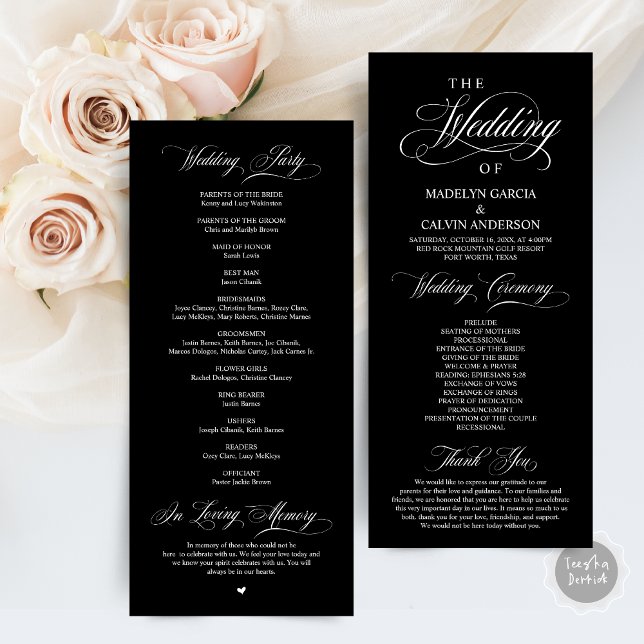 Classic Elegance Black Script Wedding Ceremony Programme (Wedding Ceremony Program Card, in Classic Elegance Classy Delicate Black and white themed )