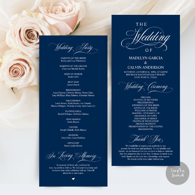 Classic Elegance Black Script, Wedding Ceremony Programme (Wedding Program Card, in Modern Classy Script, in Navy Blue)