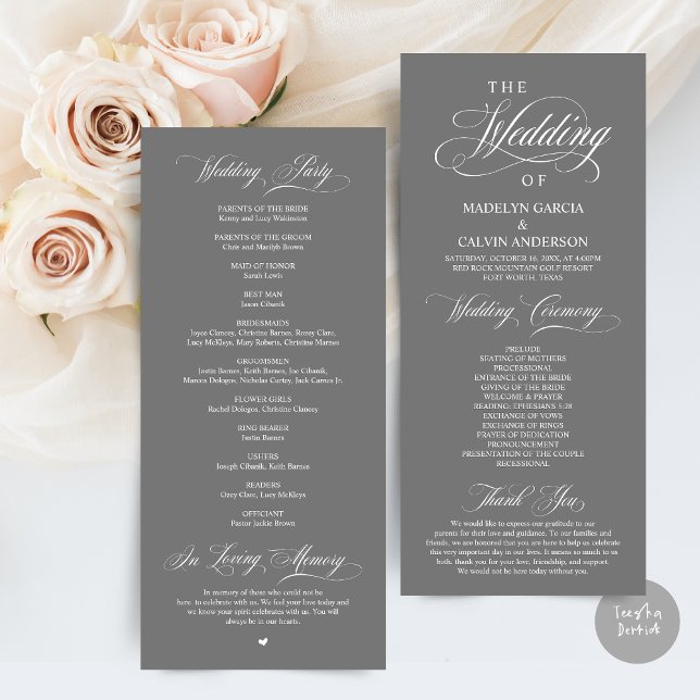 Classic Elegance Black Script, Wedding Ceremony Programme (Wedding Program Card, in Modern Classy Script, in Dark Grey)