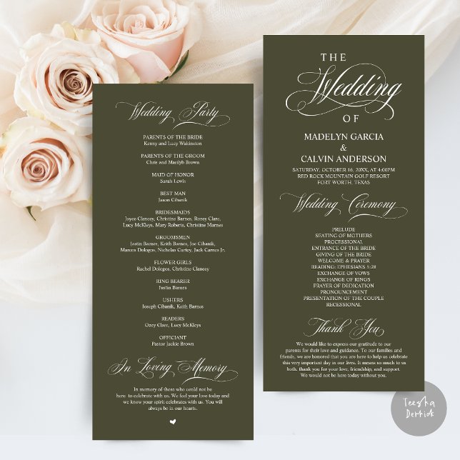 Classic Elegance Black Script, Wedding Ceremony Programme (Wedding Program Card, in Modern Classy Script, in Olive Green)