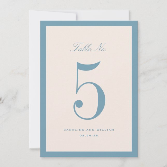 Classic Elegance Blue Wedding Table Number Card (Front)