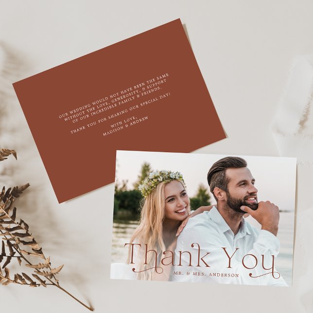 Classic Elegance Brown Clay Photo Wedding Thank You Card (Creator Uploaded)