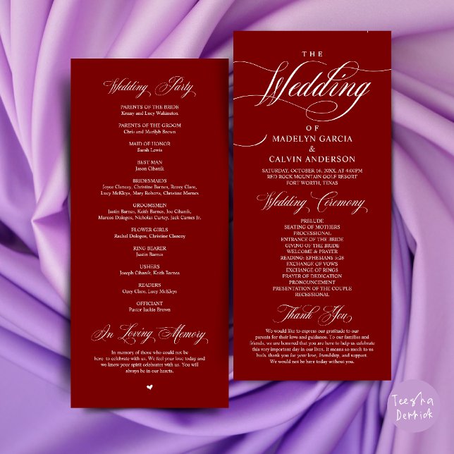 Classic Elegance Burgundy Wedding Ceremony Order Programme (Classic Elegance Wedding Ceremony Order Program Card in Burgundy Wine Red)