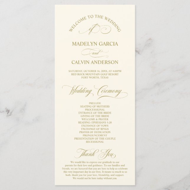 Classic Elegance Gold Script, Wedding Ceremony Programme (Front)