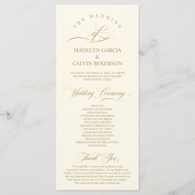 Classic Elegance Gold Script, Wedding Ceremony Programme (Front)