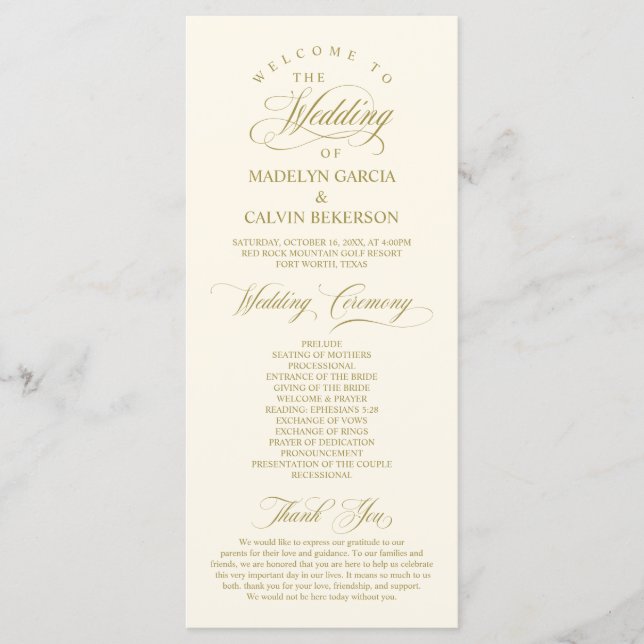 Classic Elegance Gold Script, Wedding Ceremony Programme (Front)