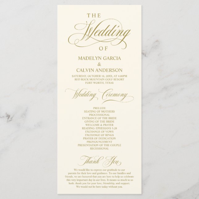 Classic Elegance Gold theme, Wedding Ceremony Programme (Front)