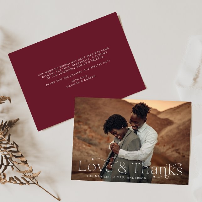 Classic Elegance Love and Thanks Burgundy Photo Thank You Card (Creator Uploaded)