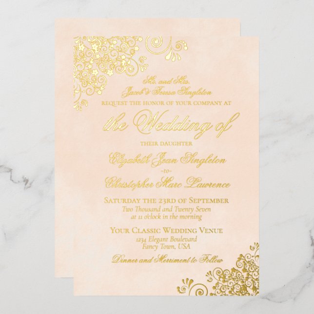 Classic Elegance Marbled Peach Formal Wedding Gold (Front/Back)