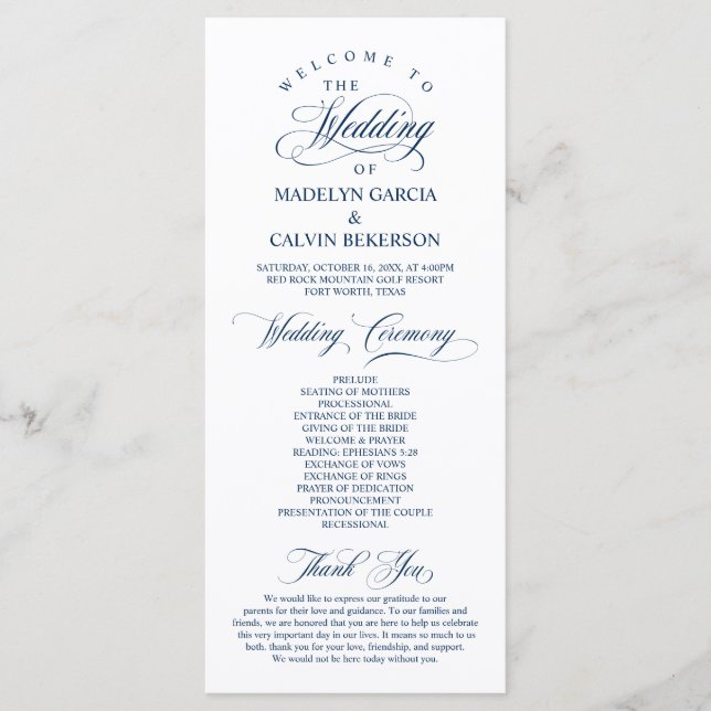 Classic Elegance Navy Blue Script Wedding Ceremony Programme (Front)