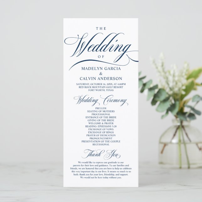 Classic Elegance Navy Blue, Wedding Ceremony Progr Programme (Standing Front)