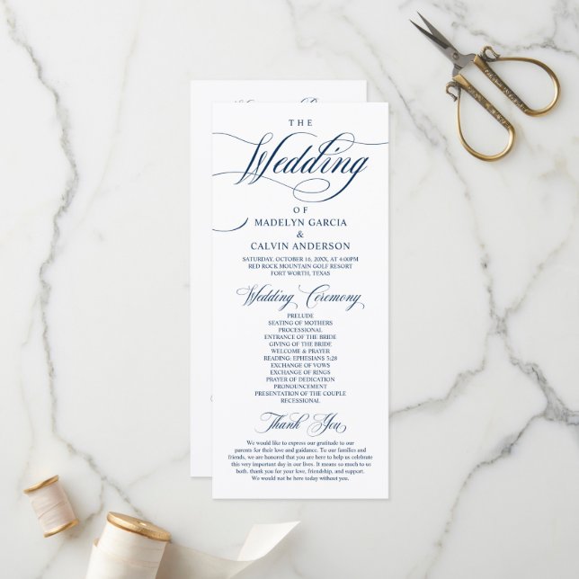 Classic Elegance Navy Blue, Wedding Ceremony Programme (Front/Back In Situ)