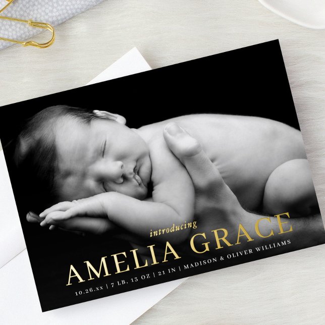 Classic Elegance Photo FOIL Birth Announcement (Creator Uploaded)