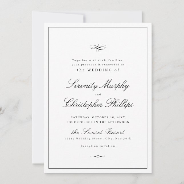 Classic Elegance Script Black And White Wedding In Invitation (Front)