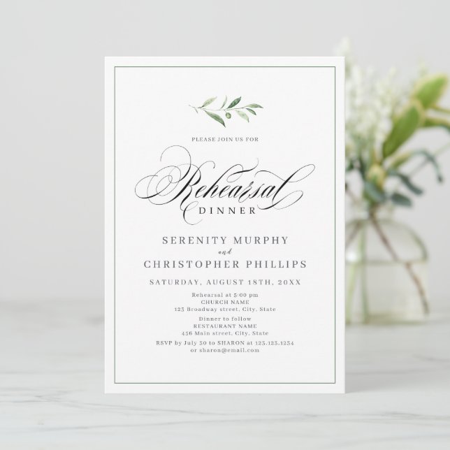 Classic Elegance Script Greenery rehearsal dinner Invitation (Standing Front)