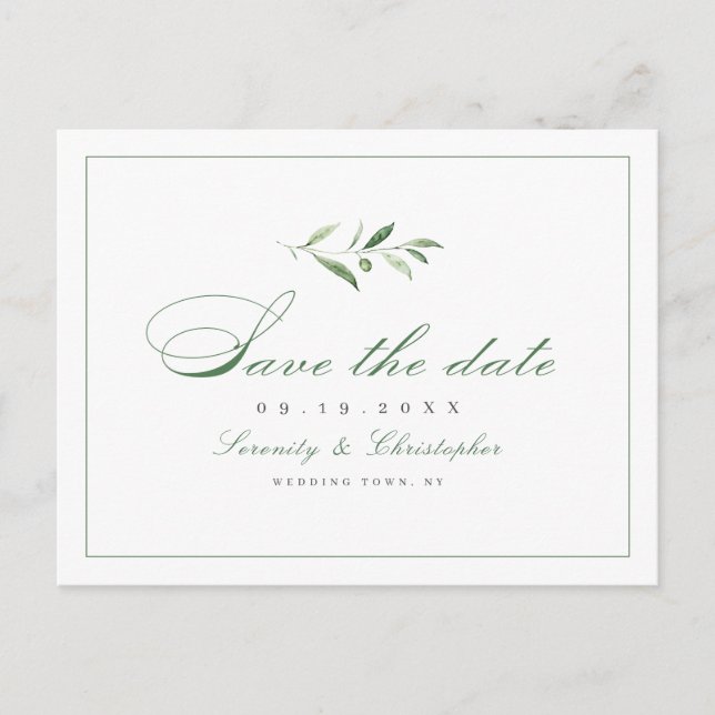 Classic Elegance Script Greenery save the date Announcement Postcard (Front)