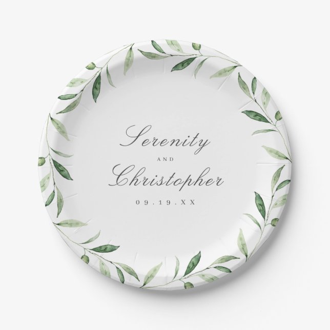 Classic Elegance Script Greenery wedding Paper Plate (Front)