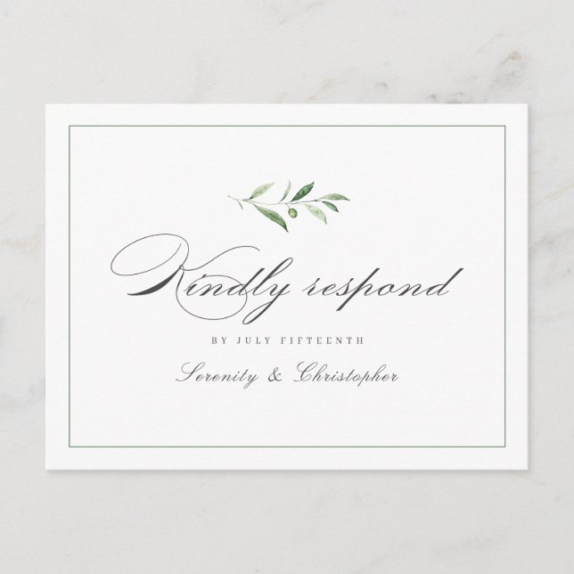 Classic Elegance Script Greenery wedding RSVP Invi Invitation Postcard (Front)