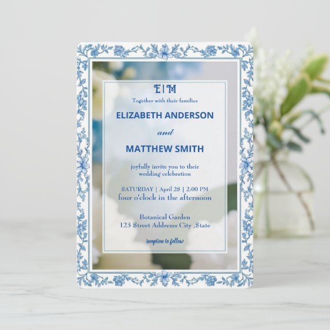 Classic Elegance Script monogram flower wedding Invitation (Standing Front)