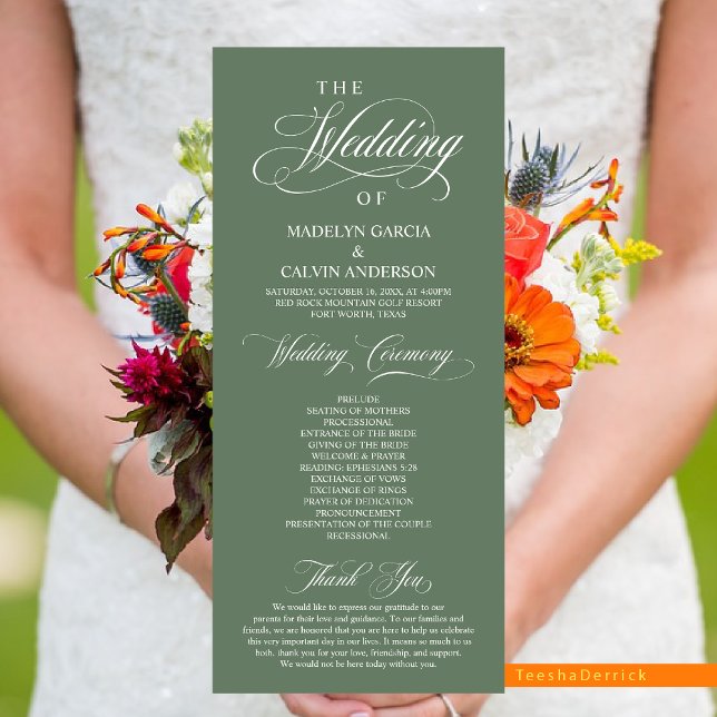 Classic Elegance Script, Wedding Ceremony Programme (Elegant Classy Modern Wedding Program Card, in Forest Sage Green)