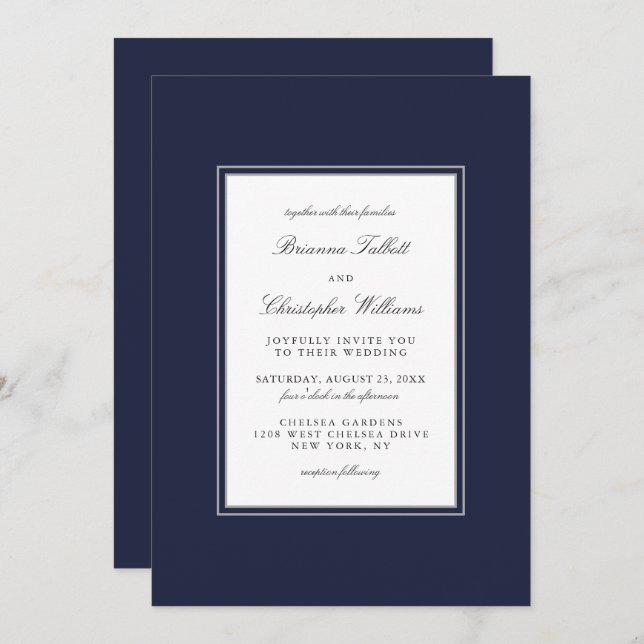 Classic Elegance Simple Navy Blue Wedding Invitation (Front/Back)