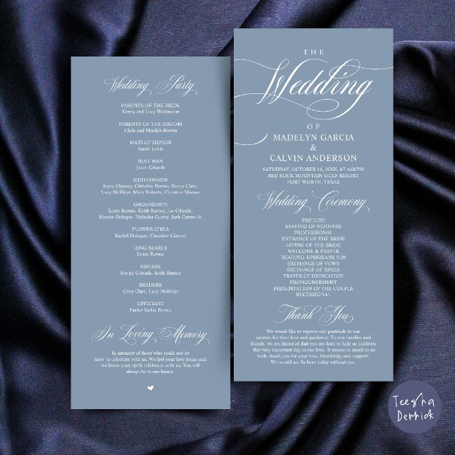 Classic Elegance Wedding Ceremony Order Thank you Programme (Classic Elegance Wedding Ceremony Order Thank you Program Card in Dusty Blue)