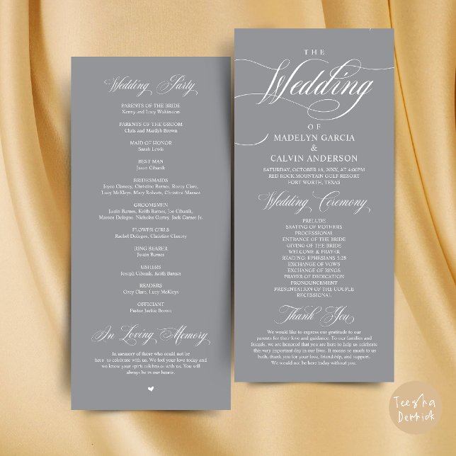 Classic Elegance Wedding Ceremony Order Thank you Programme (Classic Elegance Wedding Ceremony Order Thank you Program Card in Dark Grey)