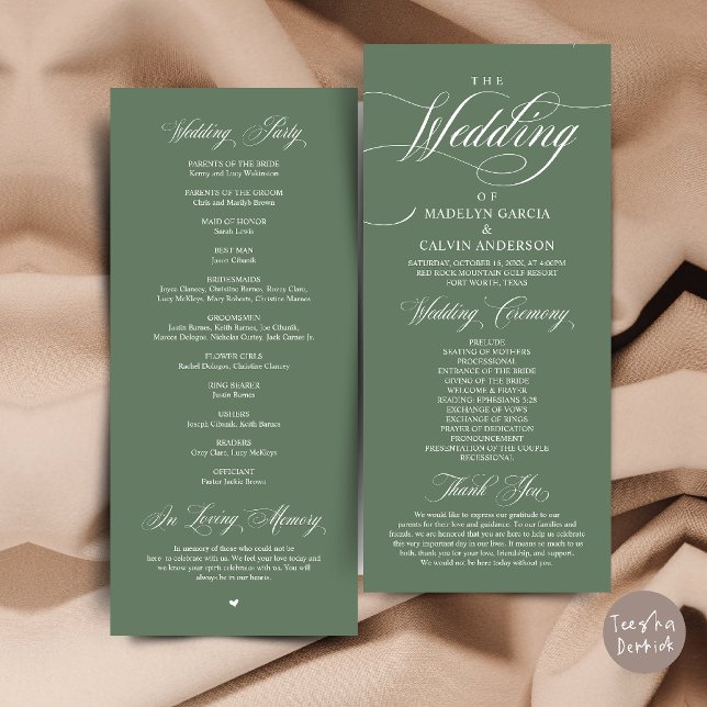 Classic Elegance Wedding Ceremony Order Thank you Programme (Classic Elegance Wedding Ceremony Order Thank you Program Card in Sage Green)