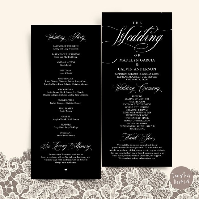 Classic Elegance Wedding Ceremony Order Thank you Programme (Classic Elegance Wedding Ceremony Order Thank you Program Card in Black and White)