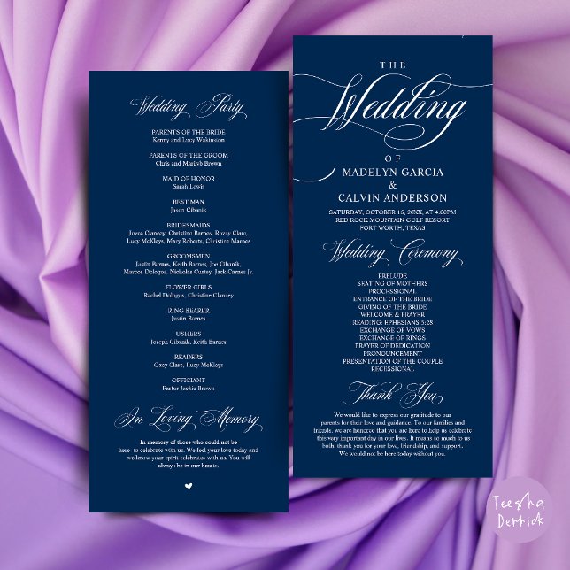 Classic Elegance Wedding Ceremony Order Thank you Programme (Classic Elegance Wedding Ceremony Order Thank you Program Card in navy Blue)