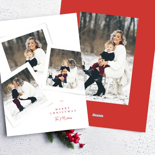 classic elegant 4photo collage red merry christmas holiday card (Creator Uploaded)
