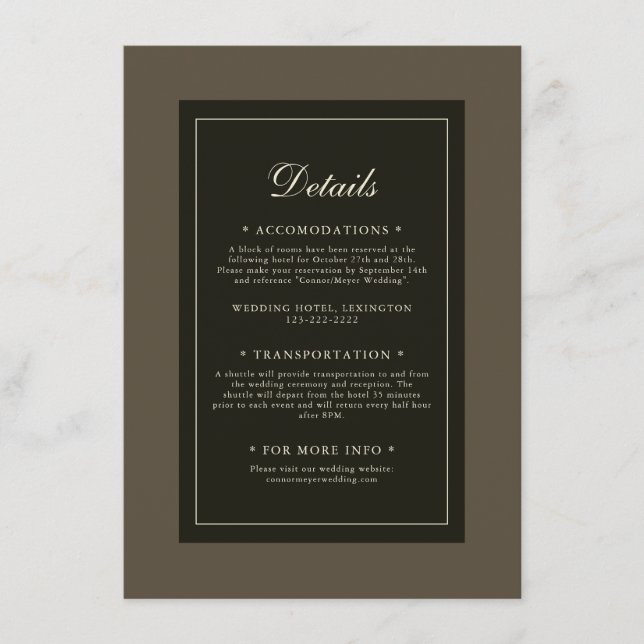 Classic Elegant Autumn Brown Wedding Details Enclosure Card (Front)
