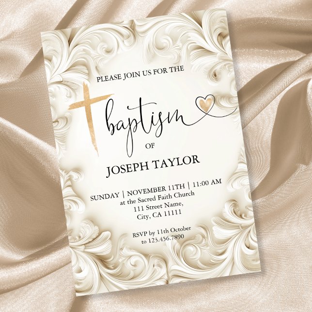 Classic Elegant Baptism Gold Cross Christening Invitation (elegant ivory frame baptism invitation)