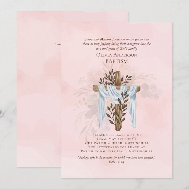 Classic Elegant BAPTISM Invite Blush Pink (Front/Back)