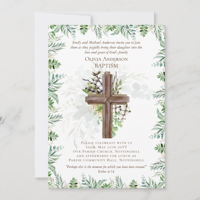 Classic Elegant BAPTISM Invite Greenery Leaves  (Front)