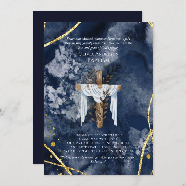 Classic Elegant BAPTISM Invite Navy Blue Gold (Front/Back)