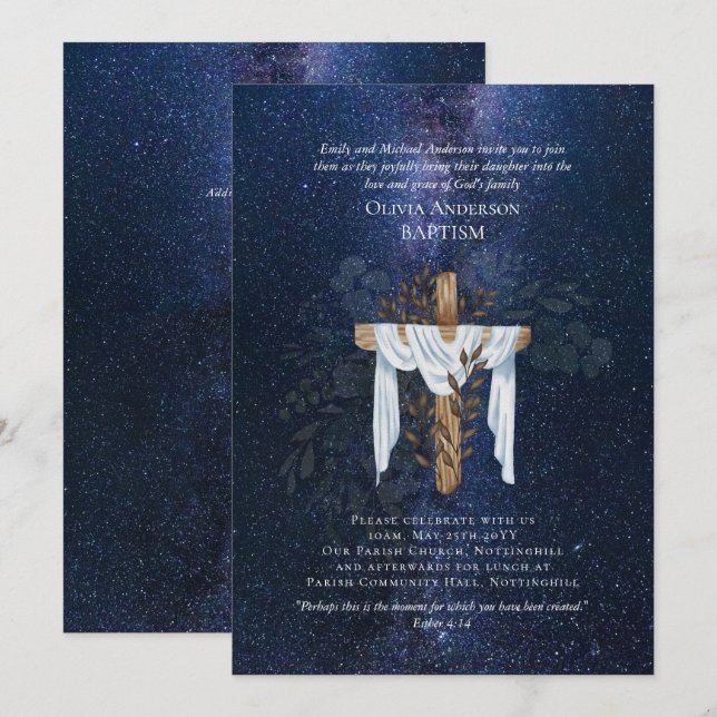 Classic Elegant BAPTISM Invite Navy Starry Night (Front/Back)