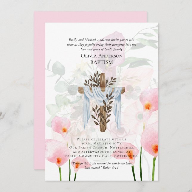 Classic Elegant BAPTISM Invite Pink Calla Lilys (Front/Back)