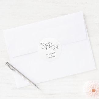 CLASSIC ELEGANT BLACK AND WHITE WEDDING SCRIPT ROUND STICKER
