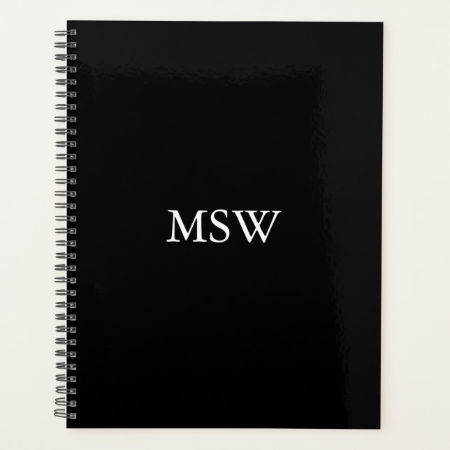 Classic elegant black custom monogram initials planner (Front)
