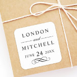Classic Elegant Black Custom Wedding Monogram Square Sticker<br><div class="desc">Formal black and white wedding favour sticker design features beautiful typography with classic block lettering. The custom monogram text can be personalised with the bride and groom names and wedding date. Includes a decorative scroll accent. Please shop our Classic Elegant black and white and White Wedding Collection for coordinating designs....</div>