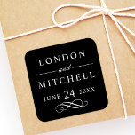 Classic Elegant Black Custom Wedding Monogram Square Sticker<br><div class="desc">Formal black and white wedding favour sticker design features beautiful typography with classic block lettering. The custom monogram text can be personalised with the bride and groom names and wedding date. Includes a decorative scroll accent. Please shop our Classic Elegant black and white and White Wedding Collection for coordinating designs....</div>