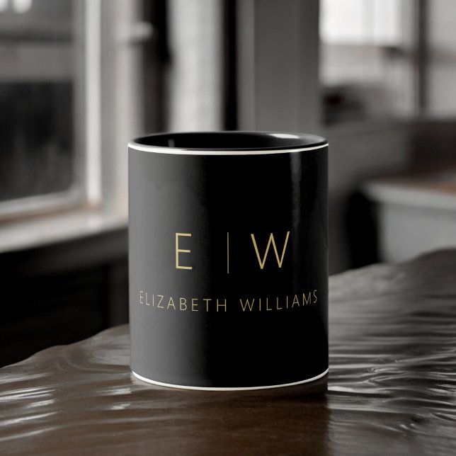 Classic Elegant Black Gold Minimalist Monogram Two-Tone Coffee Mug (Creator Uploaded)
