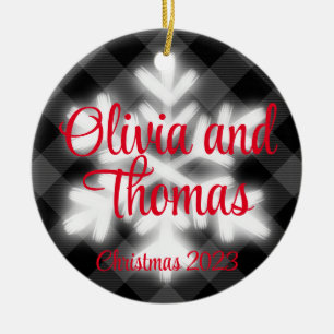 Classic elegant Black white plaid snow flake  Ceramic Tree Decoration