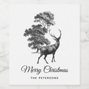 Classic Elegant Black White Toile Deer in Forest Wine Label