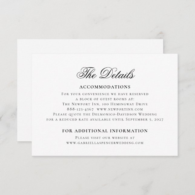 Classic Elegant Black White Wedding Details Enclosure Card (Front/Back)