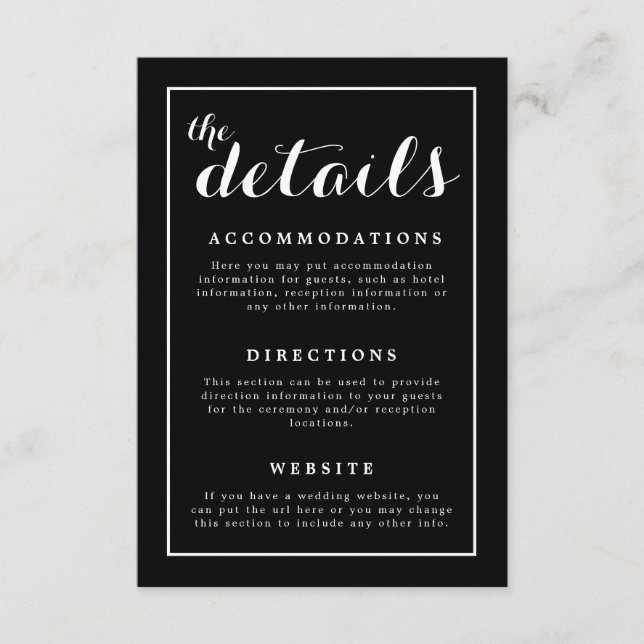 Classic Elegant Black & White Wedding Enclosure Card (Front)