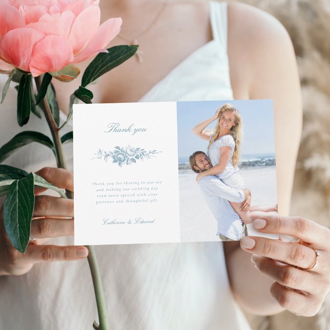 Classic Elegant Blue and White Floral Photo Thank You Card (Creator Uploaded)